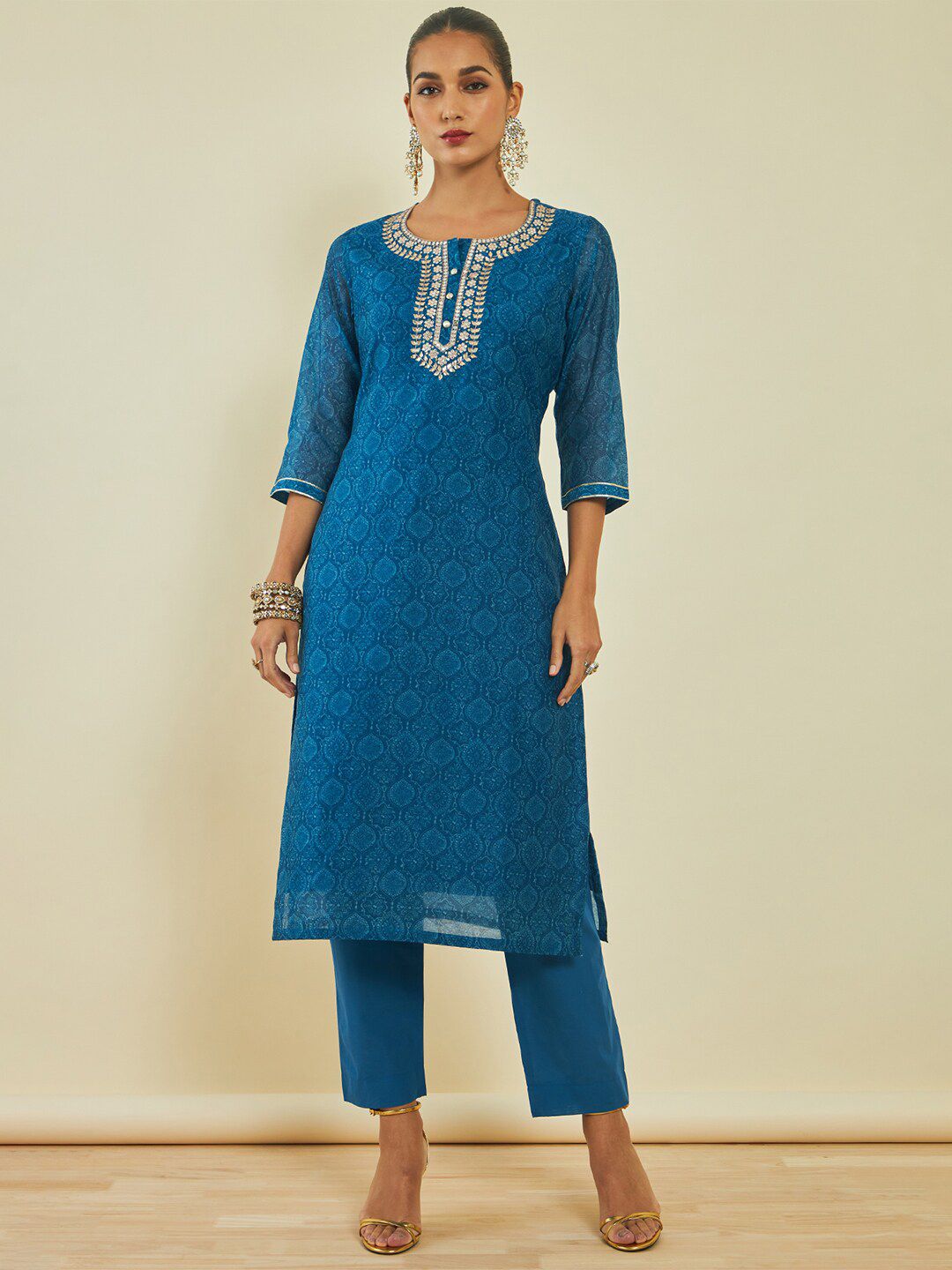 Dhiyona SO Women's Ethnic Motifs Printed Gotta Patti Chanderi Silk Kurta with Trousers & With Dupatta