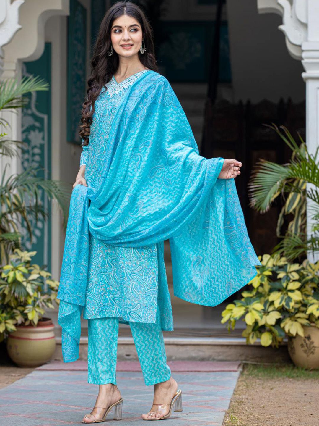 Dhiyona VA Women'sPaisley Printed Regular Mirror Work Kurta with Trouser & Dupatta