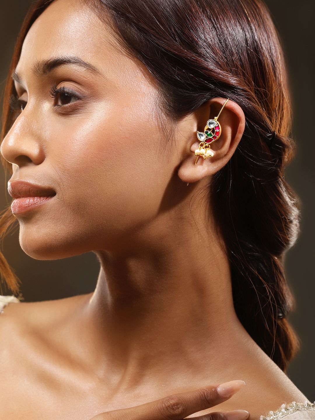 Dhiyona RJ Women's 22K Gold-Plated Ruby Pink, Emerald Green & White Kundan Studded Ear Cuff