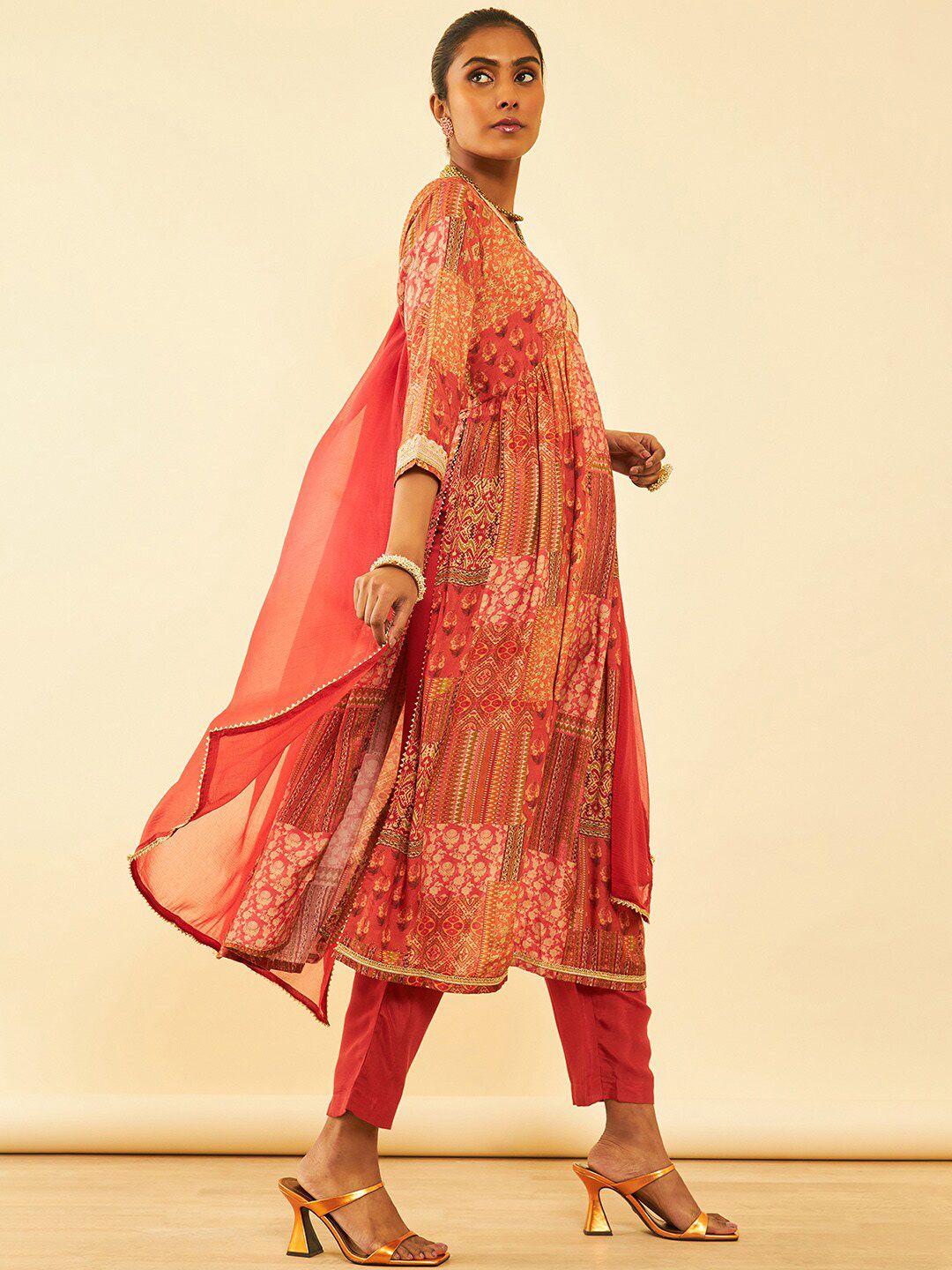 Dhiyona SO Women's Rust Printed Anarkali Kurta with Trousers & Dupatta