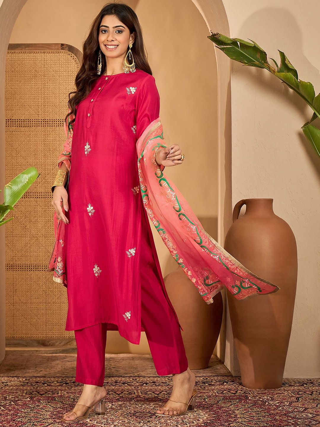 Dhiyona SN Women's Embroidered Gota Work Straight Kurta & Trousers With Dupatta
