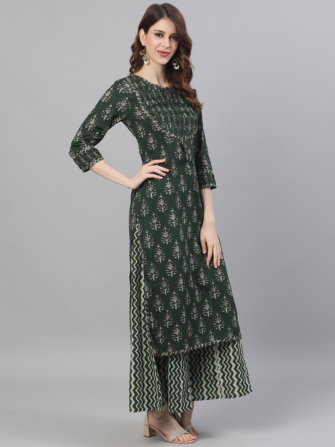 Dhiyona IS Women's Women Olive Green Beige Printed Tuck Detailed Kurta Palazzos
