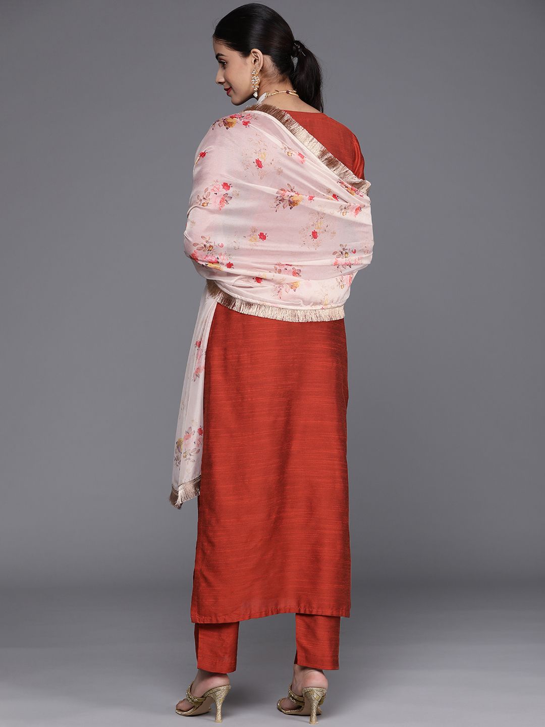 Dhiyona VA Women's Rust Ethnic Motifs Embroidered Dupion Silk Kurta with Trousers & With Dupatta