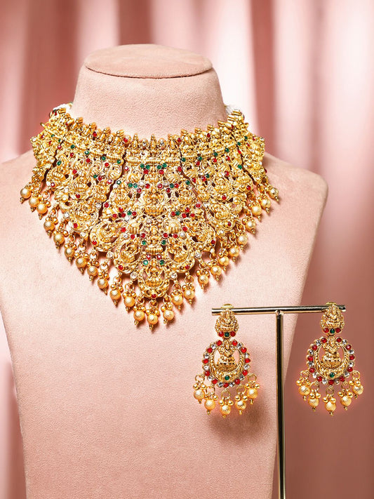 Dhiyona RJ Women's 22K Gold Plated Red, Green & White Stone Studded Lakshmi Motif Temple Jewellery Set
