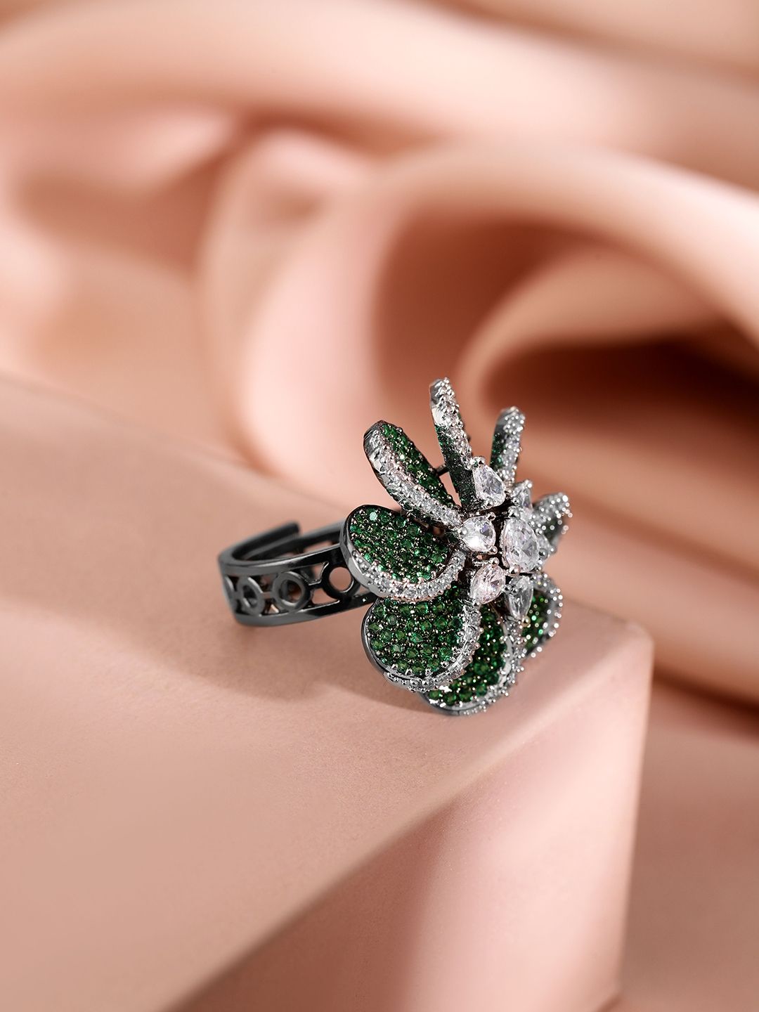 Dhiyona RJ Women's Rhodium-Plated Stone Studded Floral Adjustable Finger Ring