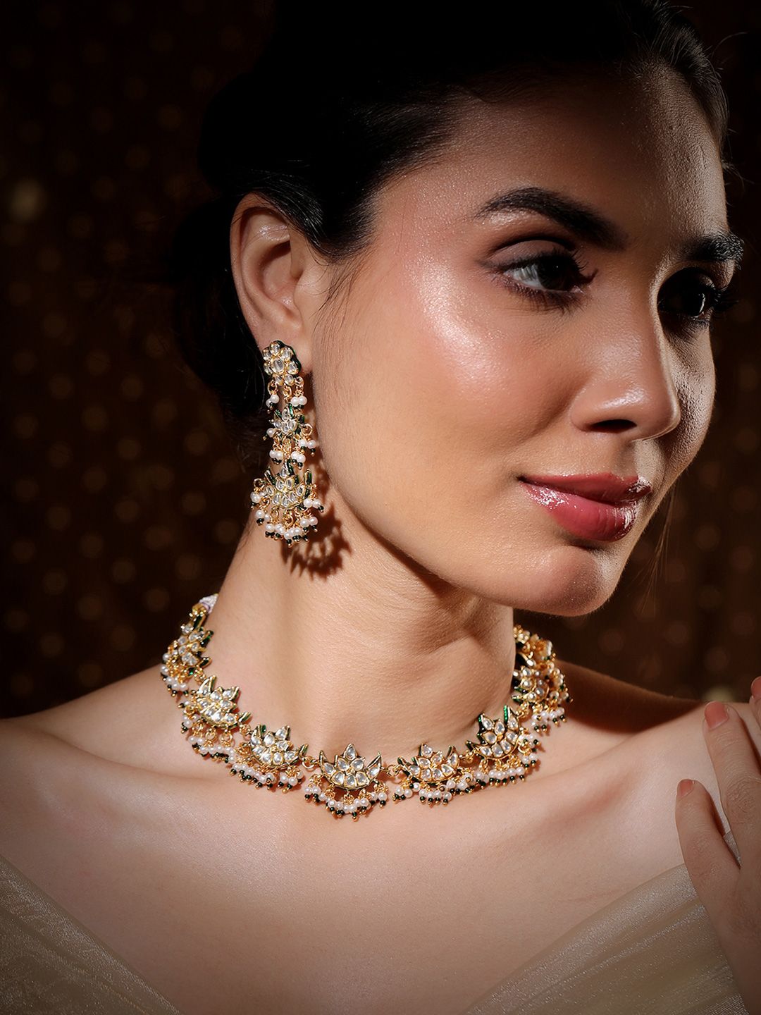 Dhiyona RJ Women's 22K Gold-Plated Kundan Studed Green Border, Pearl Beaded Crescent Moon Necklace Set