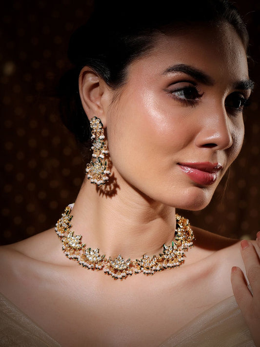 Dhiyona RJ Women's 22K Gold-Plated Kundan Studed Green Border, Pearl Beaded Crescent Moon Necklace Set