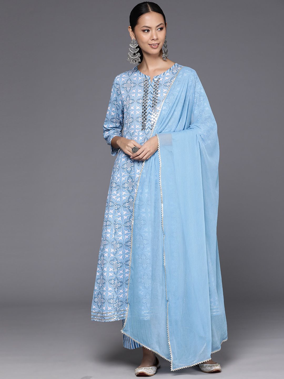 Dhiyona VA Women'sPrinted Empire Mirror Work Pure Cotton Kurta with Trousers & Dupatta