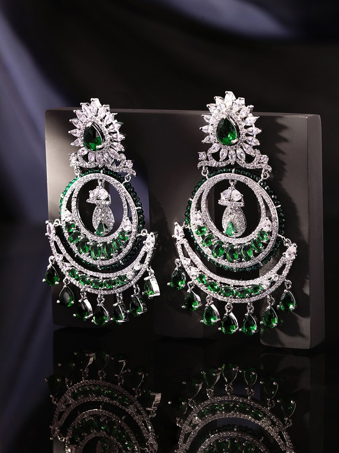 Dhiyona RJ Women's Premium Rhodium Plated AAA Cubic Zirconia & Emerald Studded Chandelier Earrings