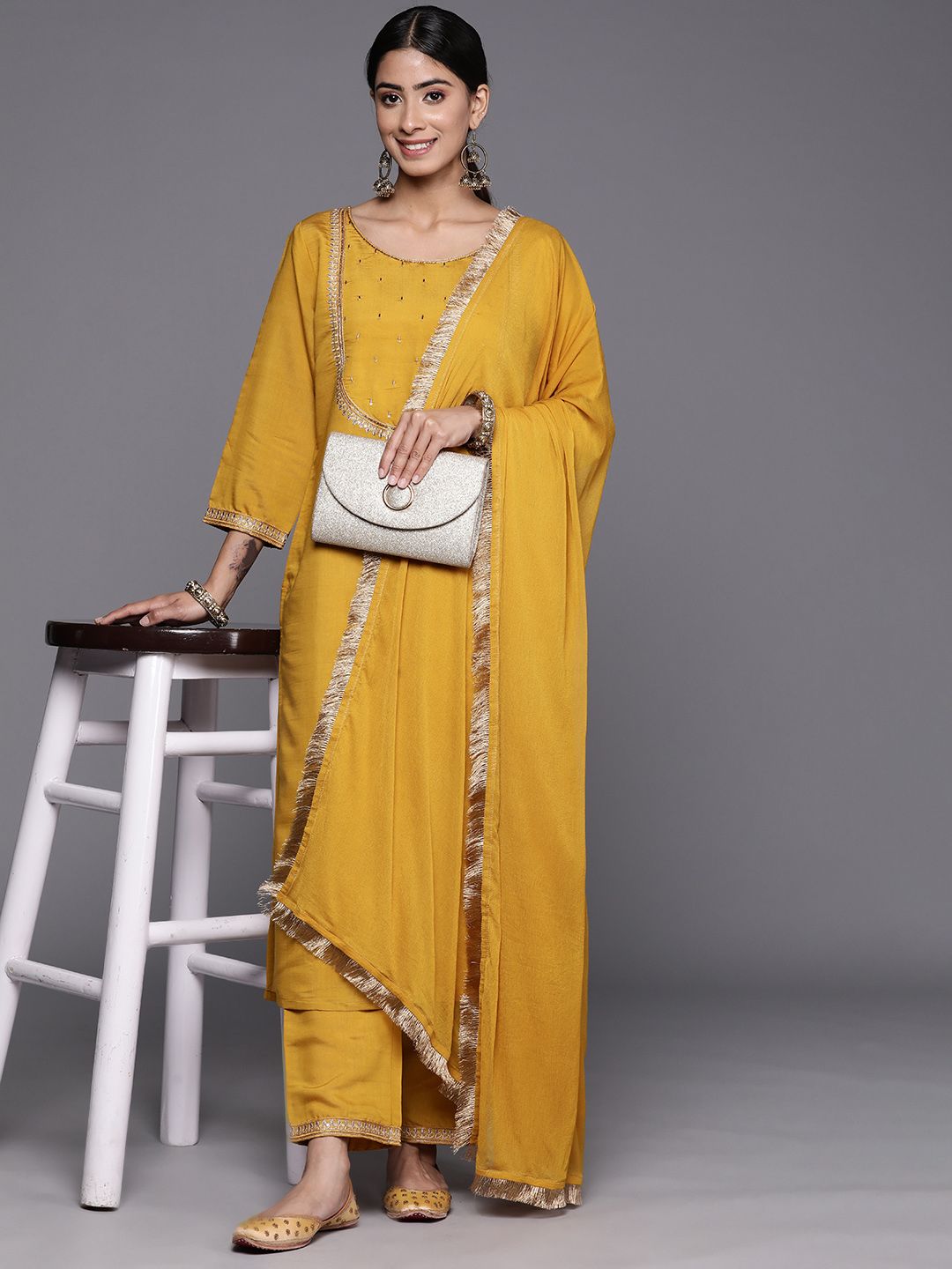 Dhiyona VA Women'sEthnic Motifs Embroidered Regular Thread Work Kurta with Trousers & With Dupatta