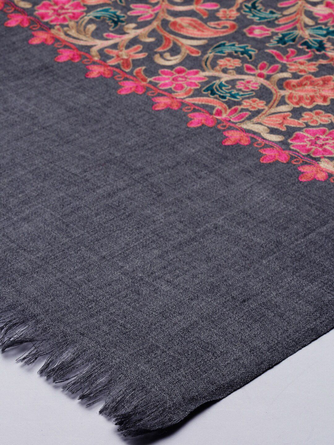 Dhiyona PA Women Navy Blue & Green Floral Embroidered Pure Wool Shawl