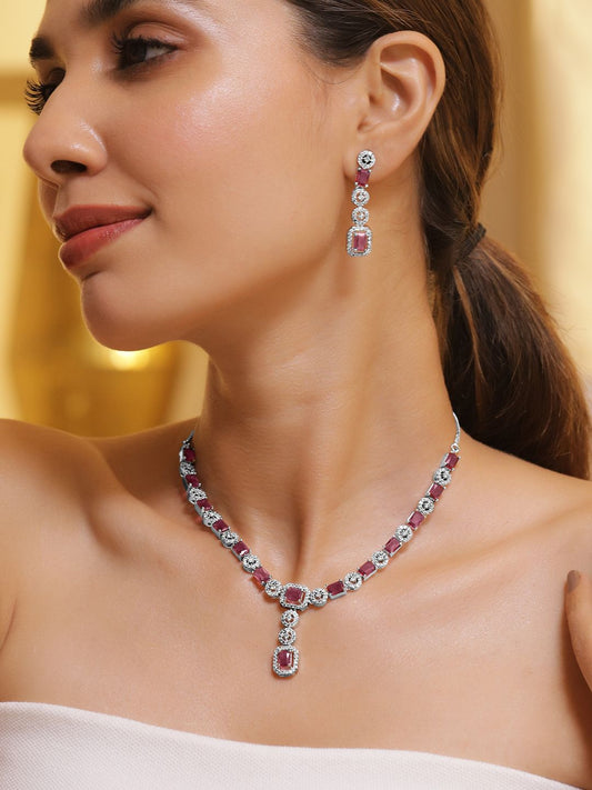 Dhiyona RJ Women's Rhodium Plated Ruby & Cubic Zicronia Studded Premium Drop Jewellery Set
