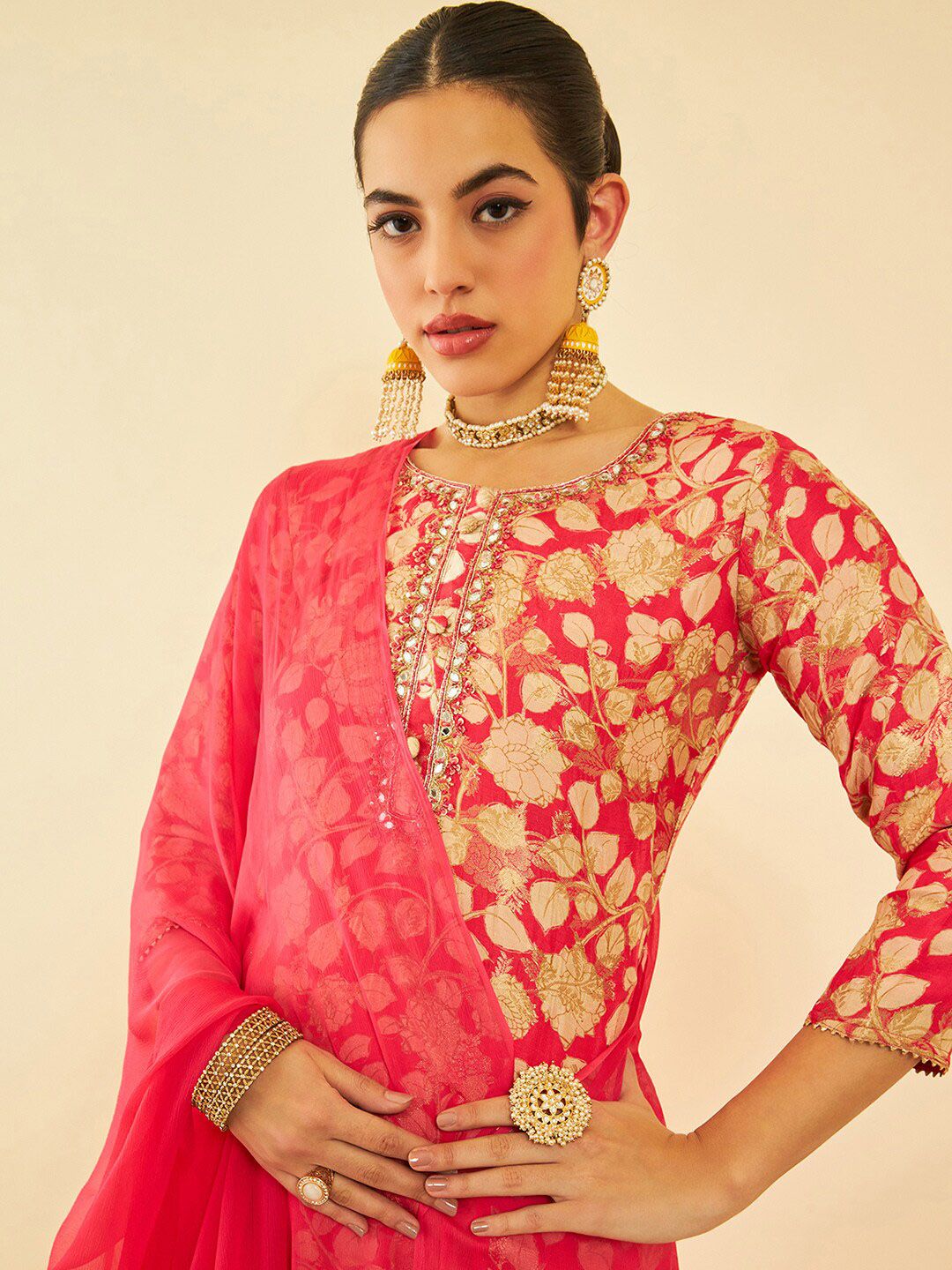 Dhiyona SO Women's Floral Printed Regular Mirror Work Kurta with Trousers & Dupatta