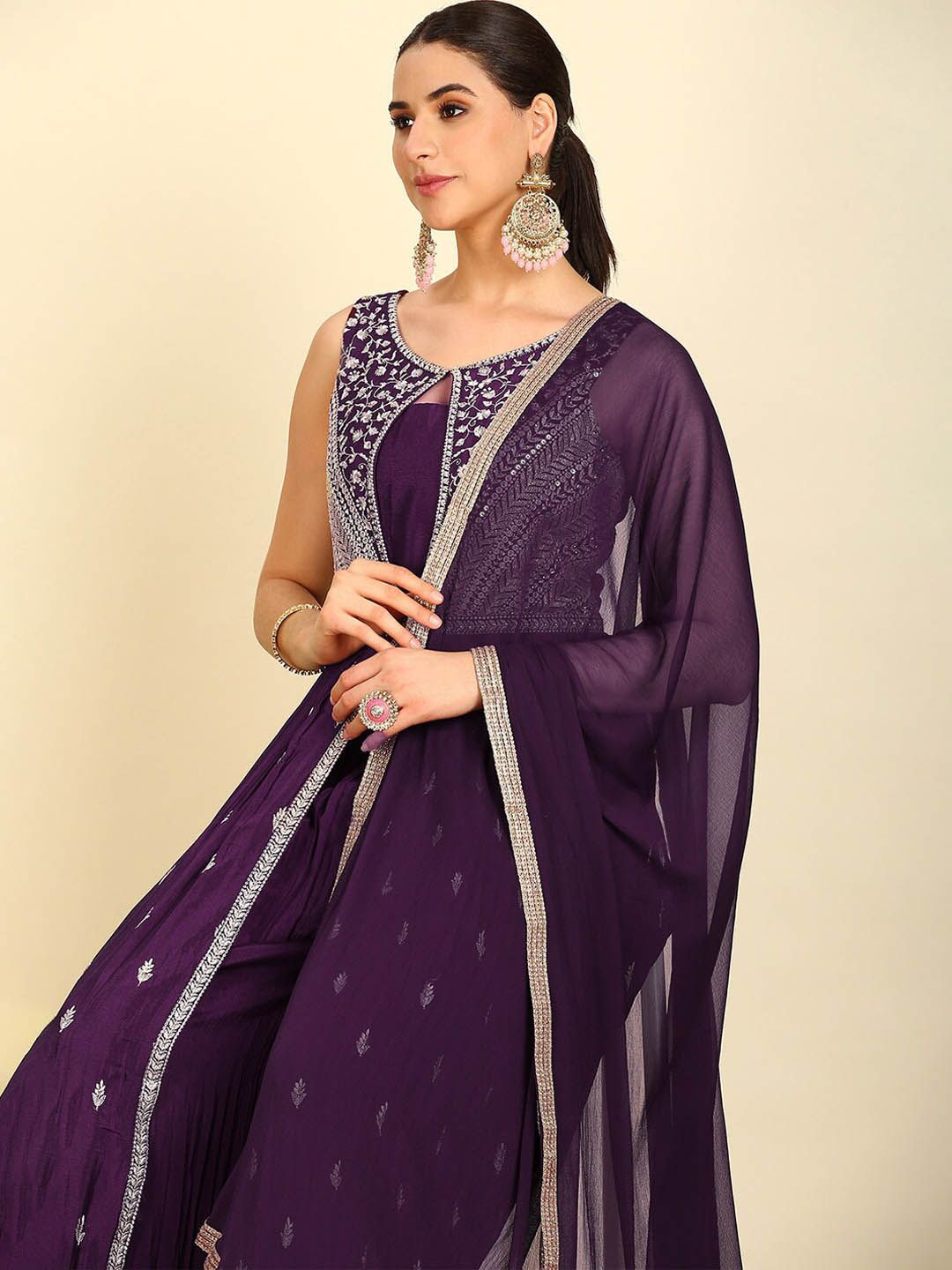 Dhiyona SO Women's Alina Cut Round Neck Ethnic Motifs Embroidered Pleated Beads and Stones Kurta Set