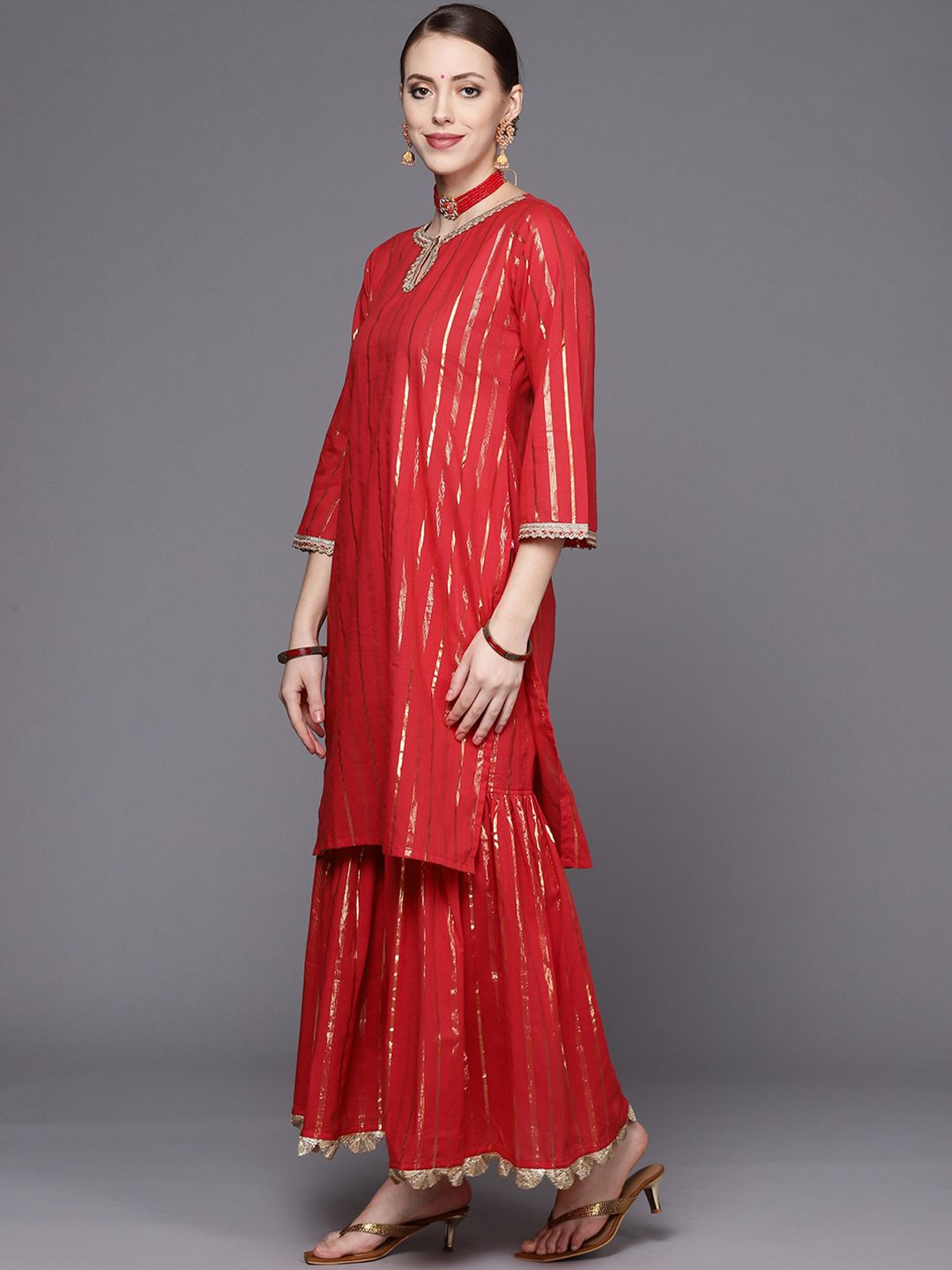 Dhiyona VA Women's Red Striped Kurta with Sharara & With Dupatta