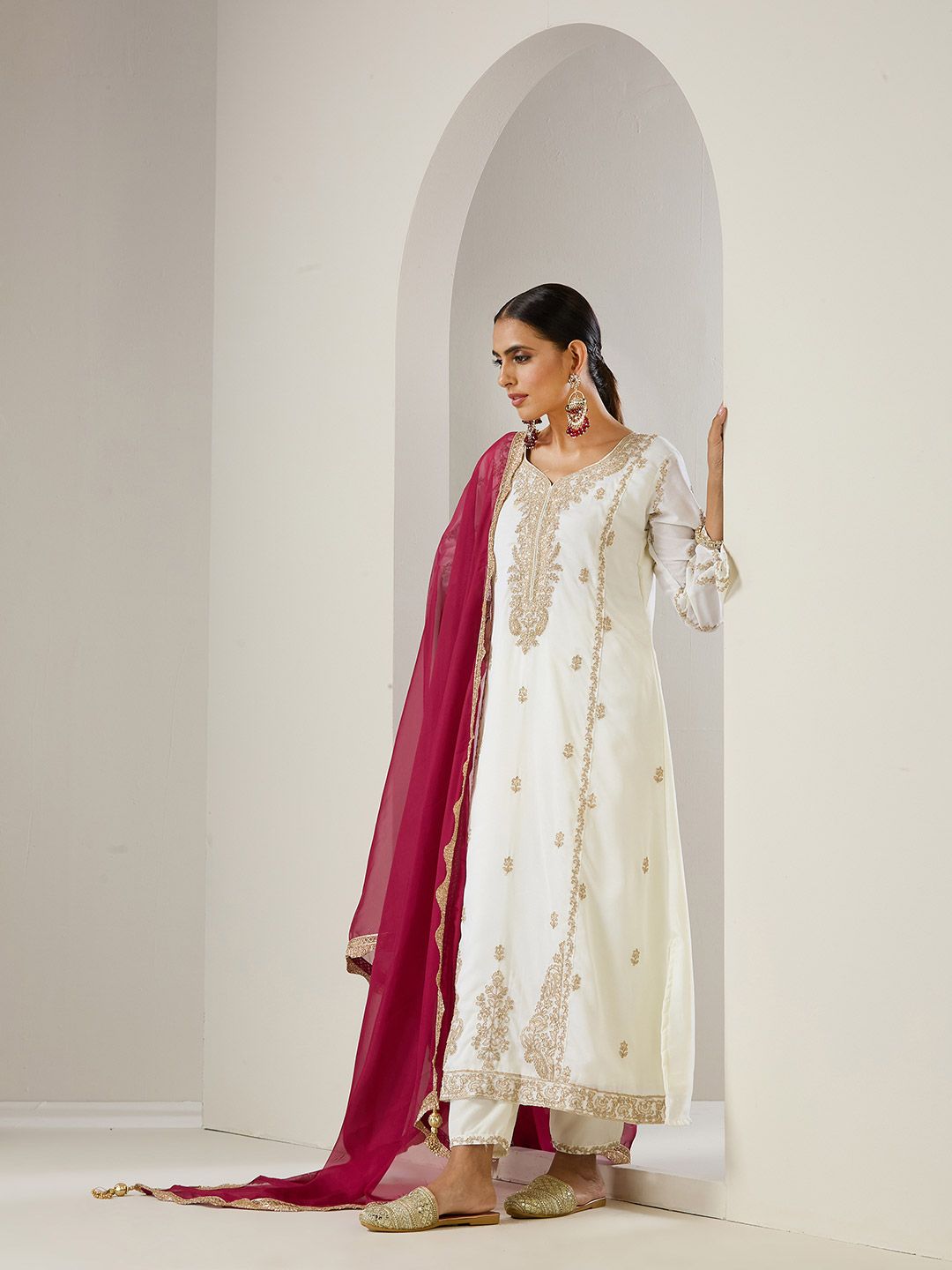Dhiyona IS Women's Off White Ethnic Motifs Embroidered Straight Kurta With Trousers & Dupatta