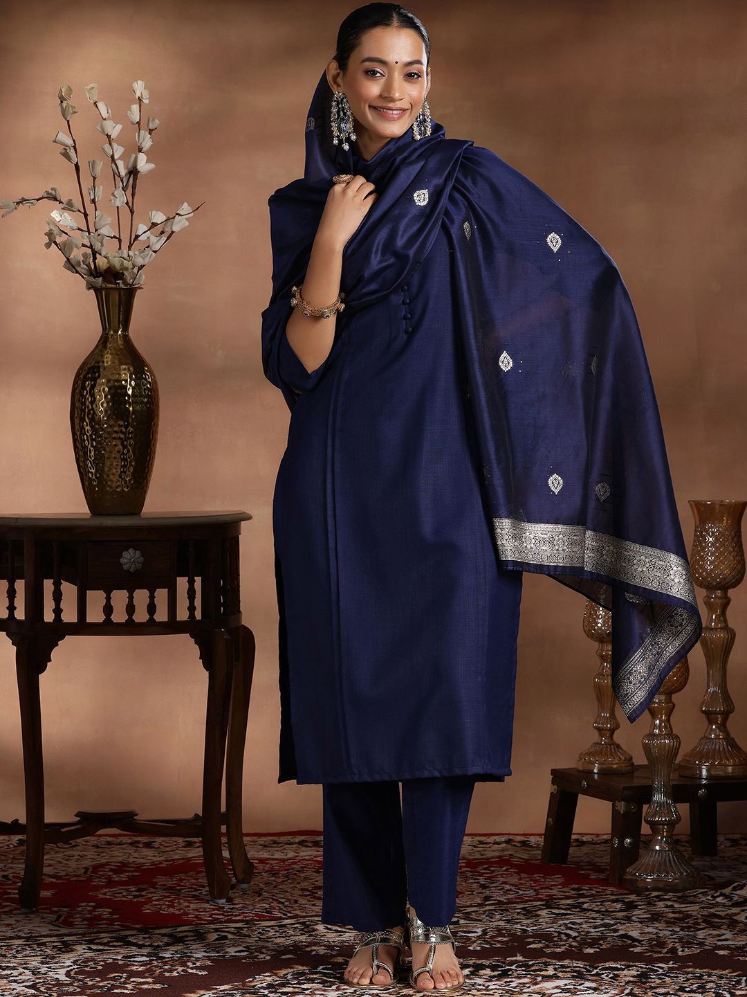 Dhiyona LB Women's Mandarin Collar Pleated Straight Kurta with Trousers & Dupatta