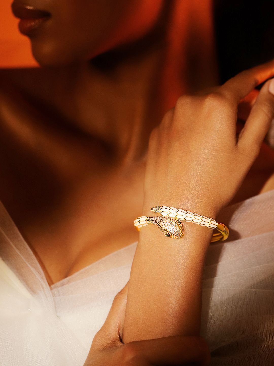 Dhiyona RJ Women's 22K Gold-Plated Zirconia Snake Motif Bracelet with Enamel Details & Emerald Accents