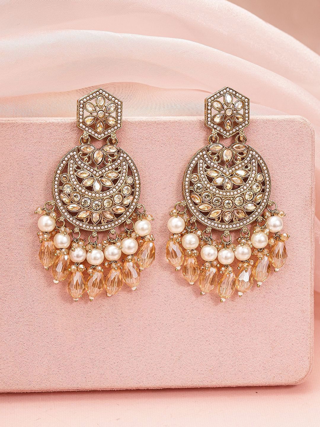 Dhiyona RJ Women's 18K Gold-Plated Chandbali Earrings with Champagne Stones, Pearls & Crystal Beads