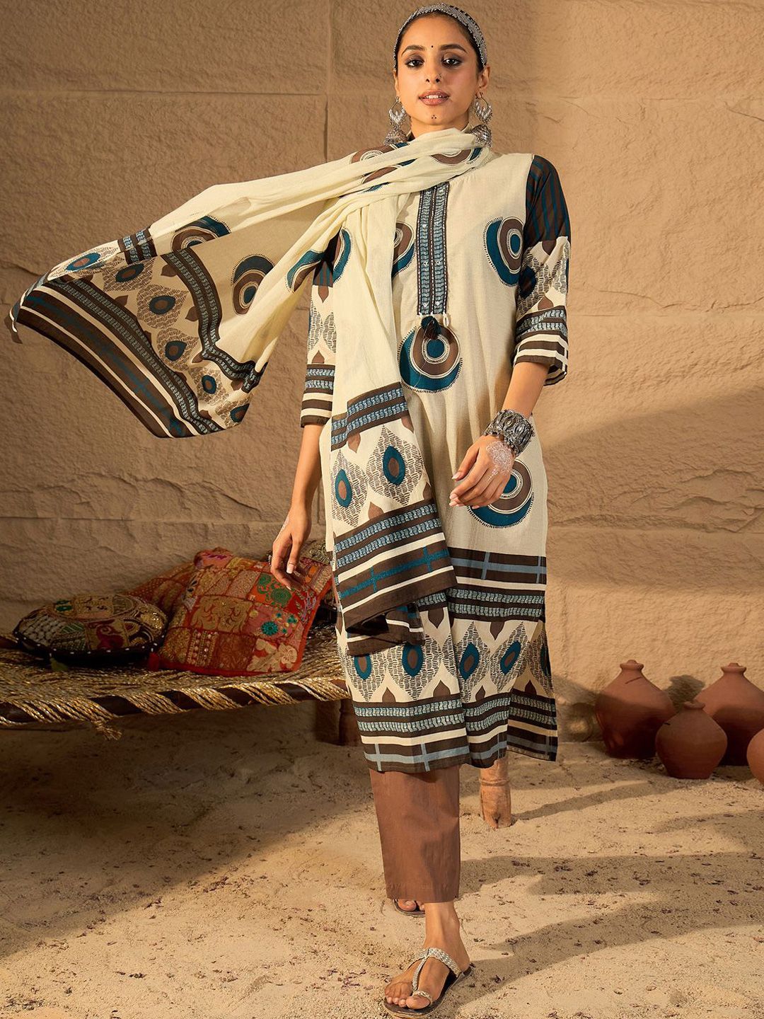 Dhiyona IE Women's Women Abstract Printed Cotton Kurta with Trousers & Dupatta