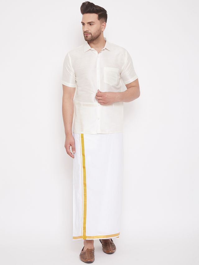 Men's Cream Silk Blend Straight Ethnic Shirt