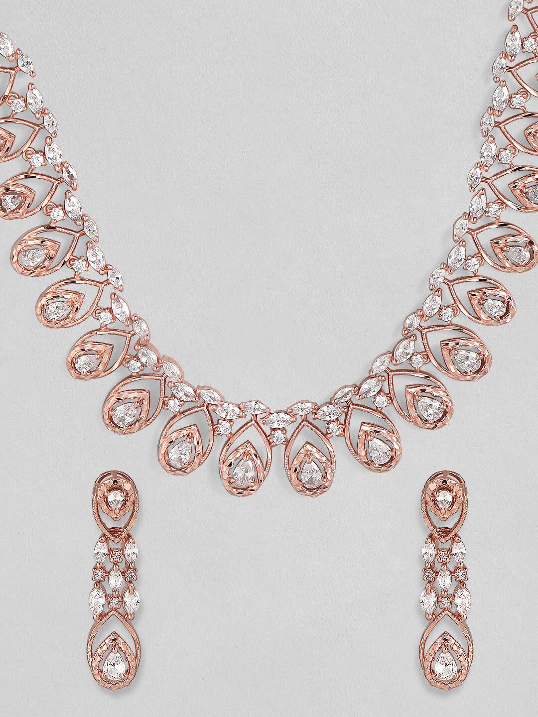 Dhiyona RJ Women's Rose Gold- Plated White CZ-Studded Handcrafted Statement Necklace Set