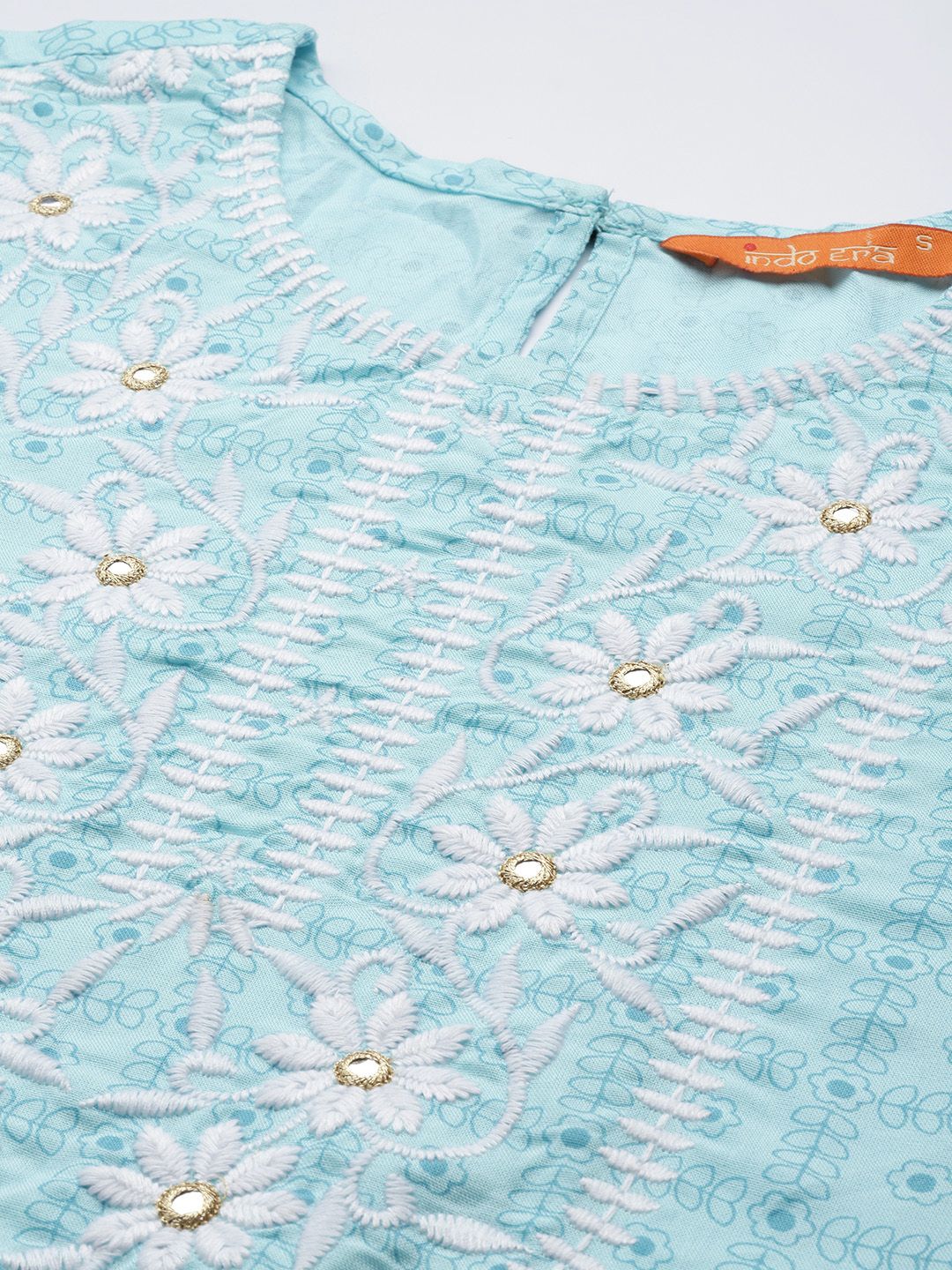Dhiyona IE Women Turquoise Blue Floral Embroidered Mirror Work Chanderi Silk Kurta with Trousers & With
