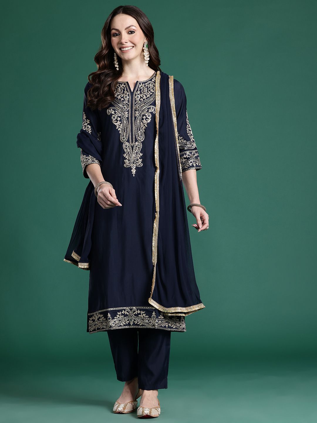 Dhiyona IE Ethnic Motifs Regular Sequinned Kurta with Trousers & With Dupatta
