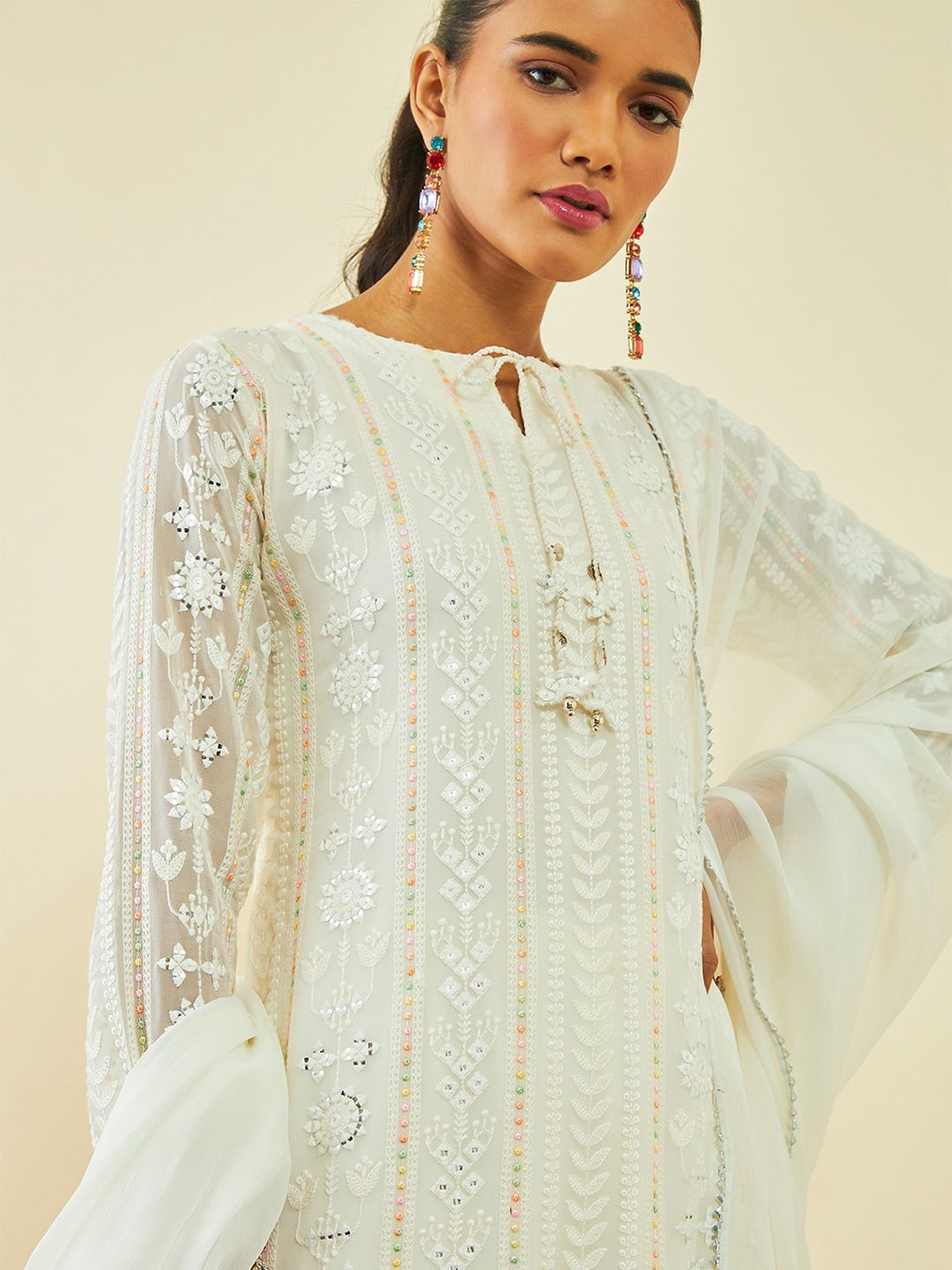 Dhiyona SO Women's Off White Floral Embroidered Georgette Sequinned Kurta with Palazzos & With Dupatta