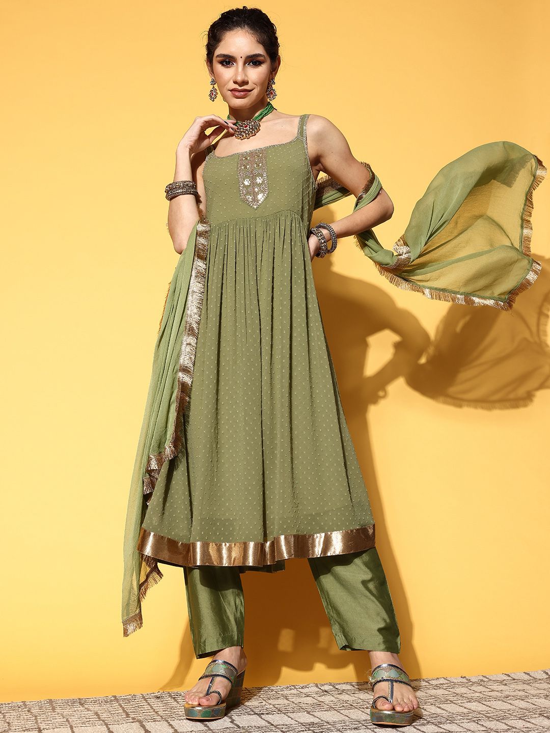 Dhiyona VA Women's Textured Poly Georgette Spaghetti Straps Kurta Set