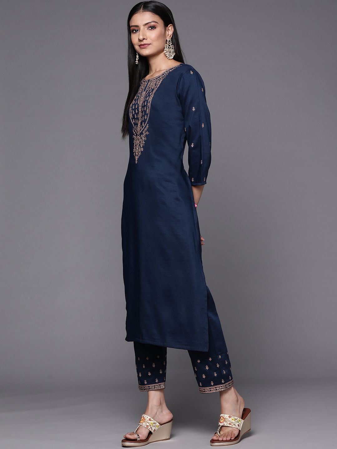 Dhiyona VA Women's Navy Blue & Golden Ethnic Motifs Embroidered Kurta with Trousers & Dupatta