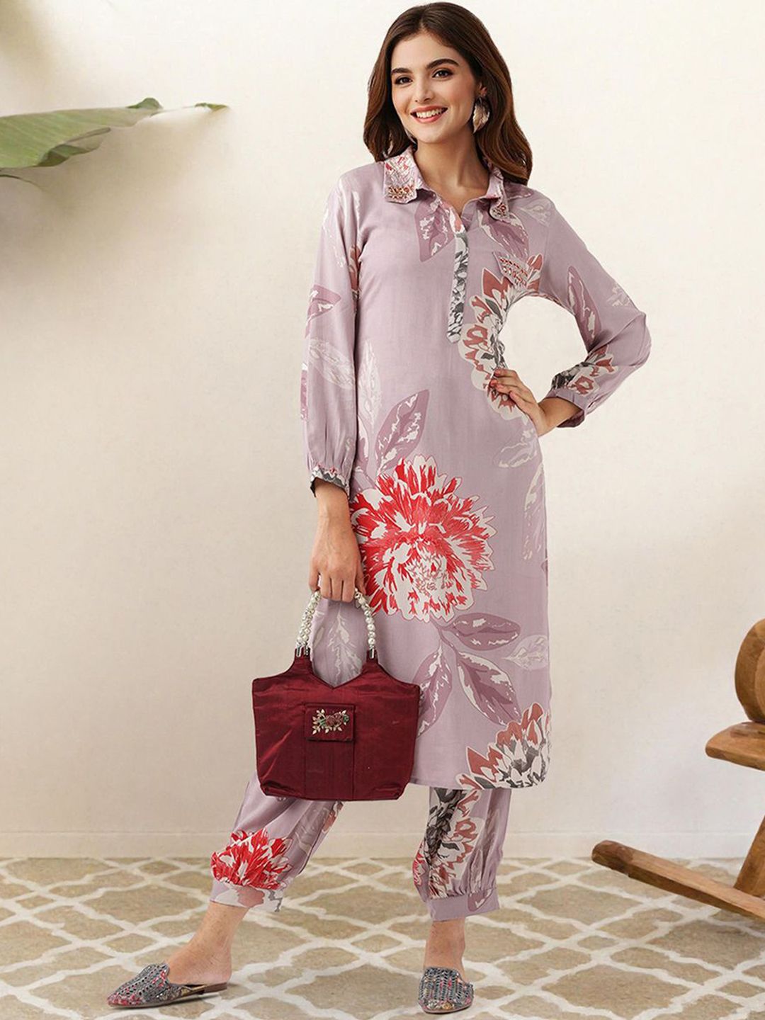 Dhiyona IS Women's Floral Printed Shirt Collar Straight Kurta With Trousers