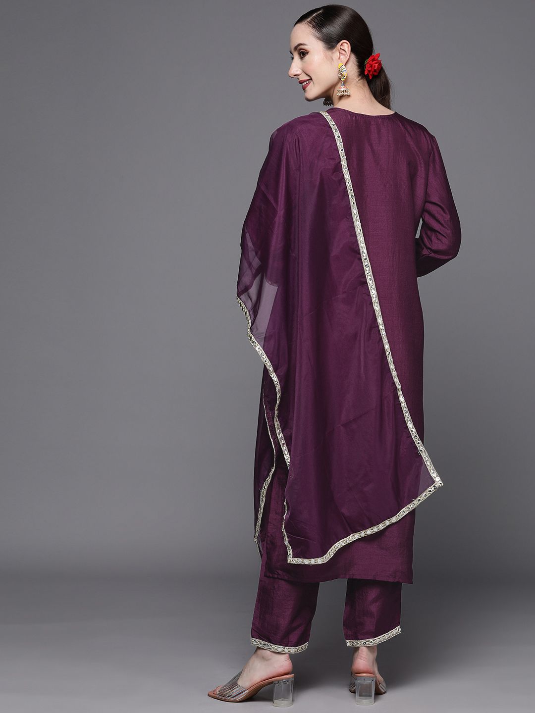 Women Purple Yoke Design Mirror Work Kurta with Trousers & With Dupatta