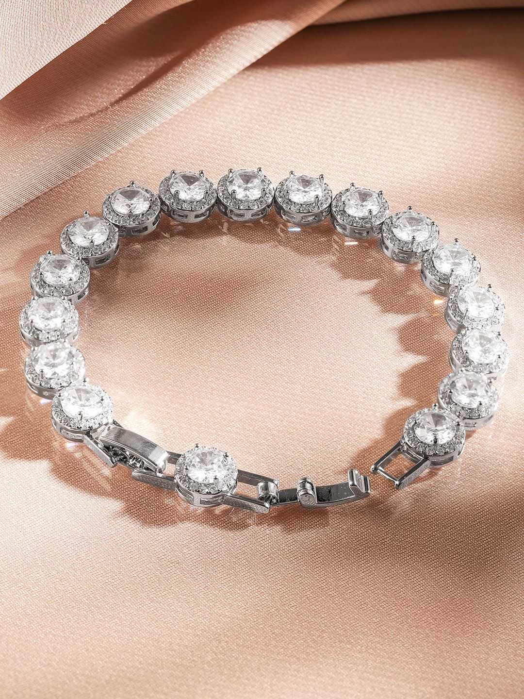 Dhiyona RJ Women's Rhodium Plated White Cubic Zirconia Studded Tennis Bracelet & Luxe