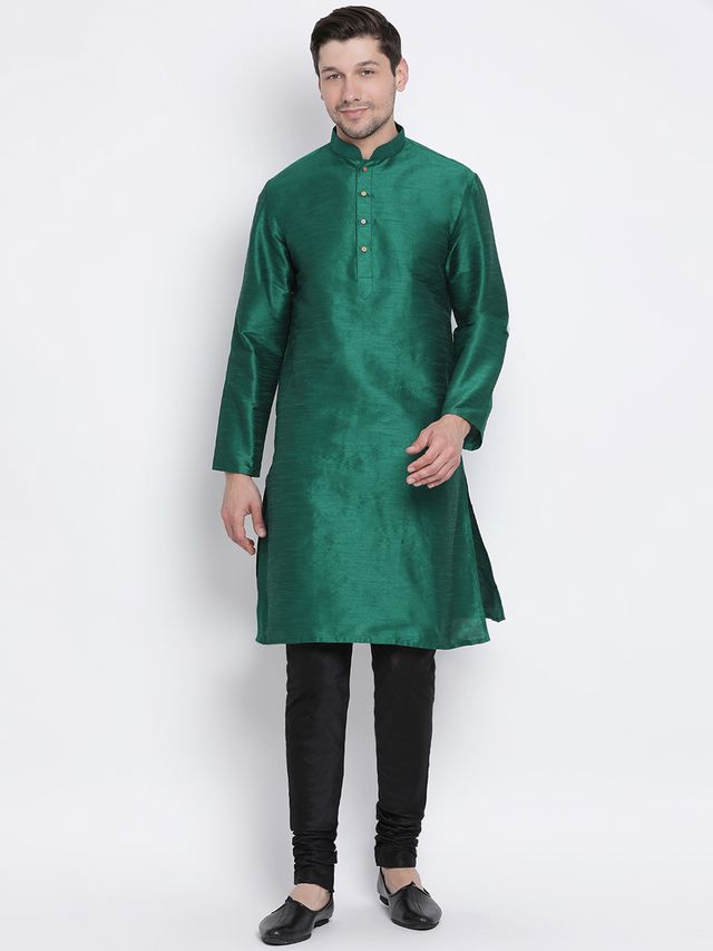 Men's Green Silk Blend Straight Kurta Pyjama Set