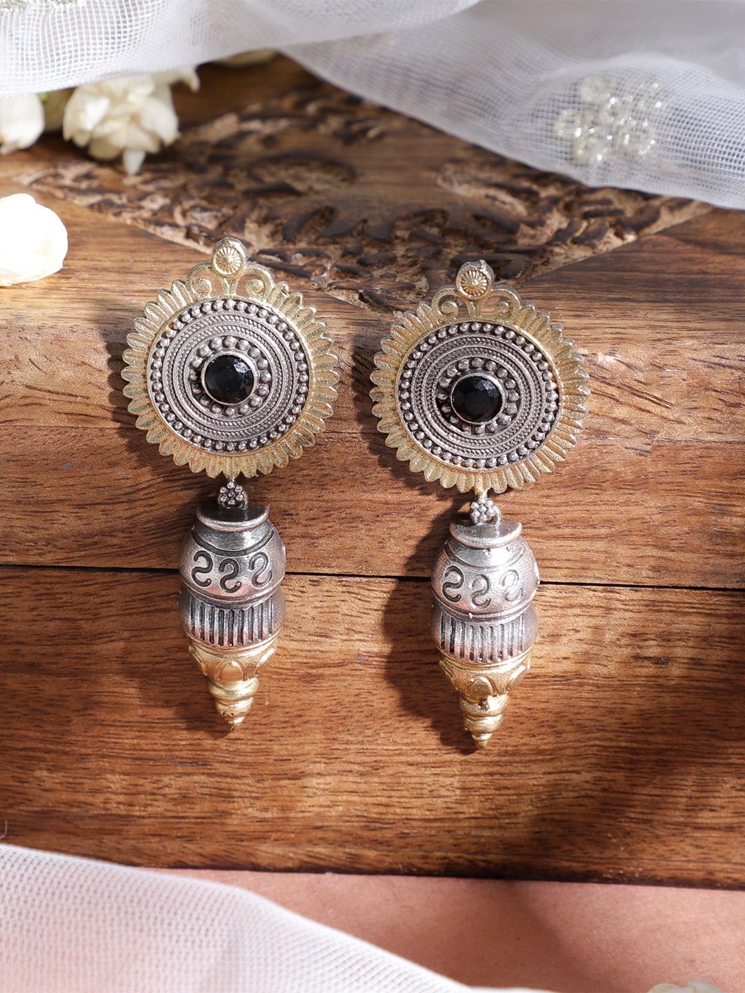 Dhiyona RJ Women's Oxidized Rhodium Plated Silver Tone Black Stone Studded Classic Drop Earrings