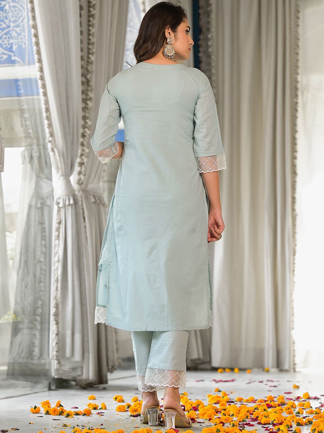Dhiyona VA Women'sEmbroidered Sequinned Pure Cotton Kurta With Trousers & Dupatta