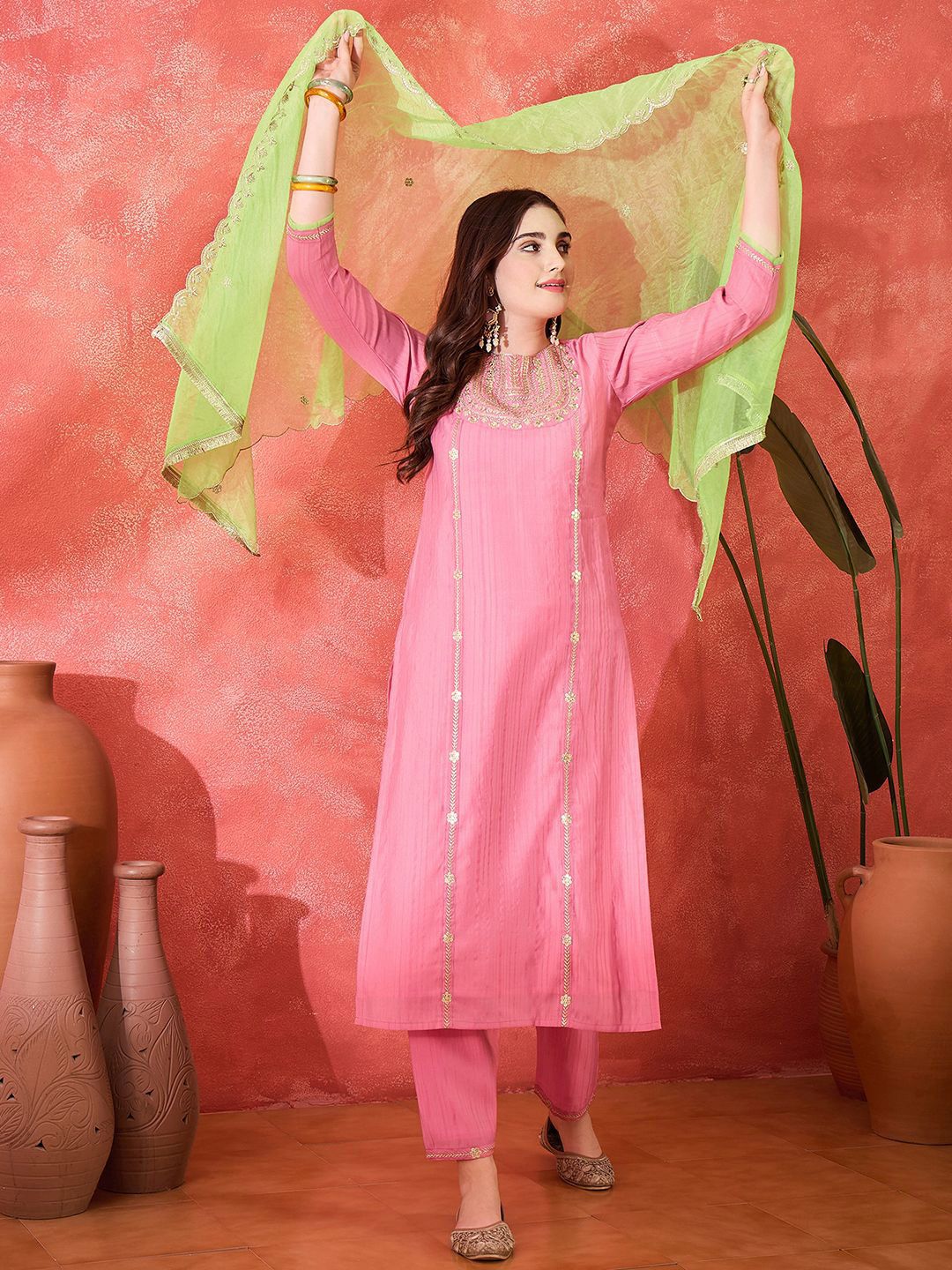 Dhiyona SN Women's Zari Sequence Embroidered Straight Kurta & Trouser With Dupatta