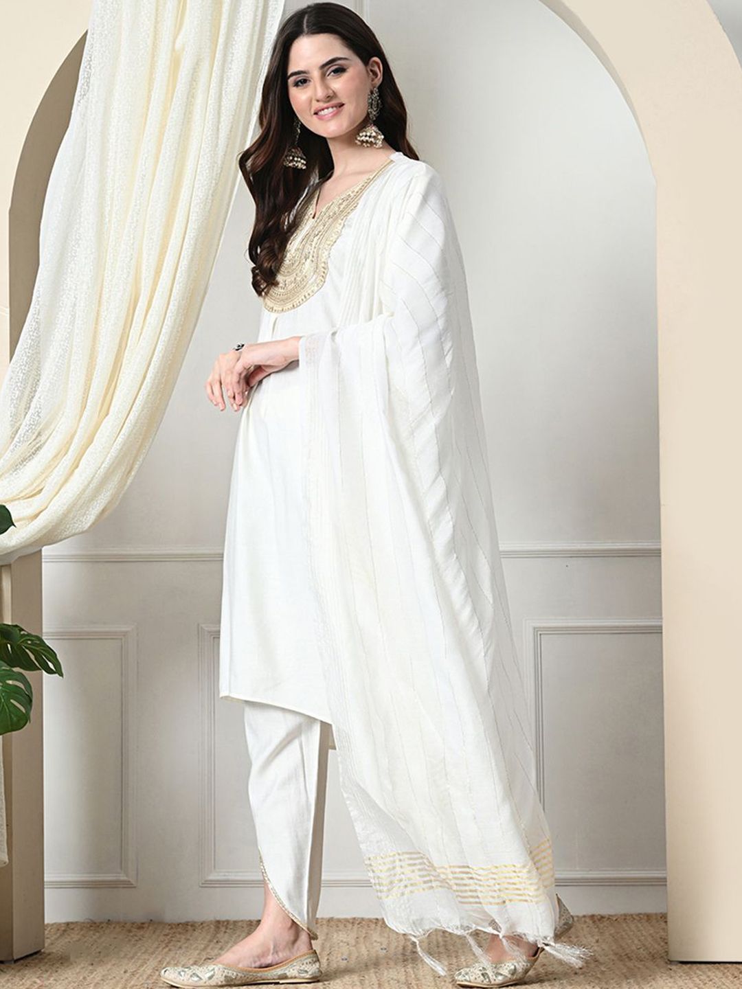 Dhiyona SN Women's Sequinned V-Neck A-Line Kurta With Dhoti Pants & Dupatta
