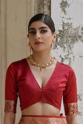 Cream Red Raw Silk Saree