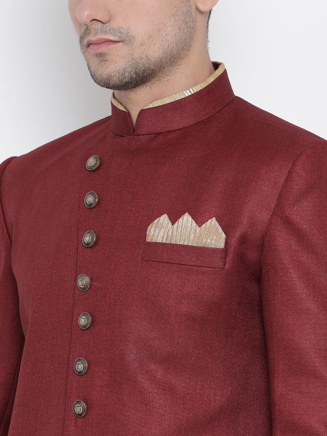 Men's Maroon Polyester Lurex Blend Straight Sherwani Set