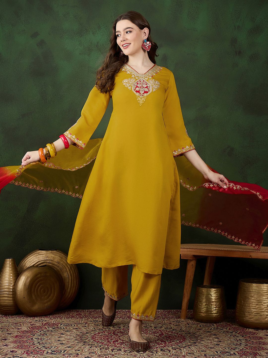 Dhiyona SN Women's Yellow Floral Embroidered Regular Sequinned Kurta With Trouser With Dupatta