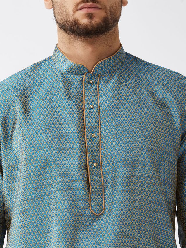 Men's Aqua Silk Blend Straight Kurta and Dhoti Set