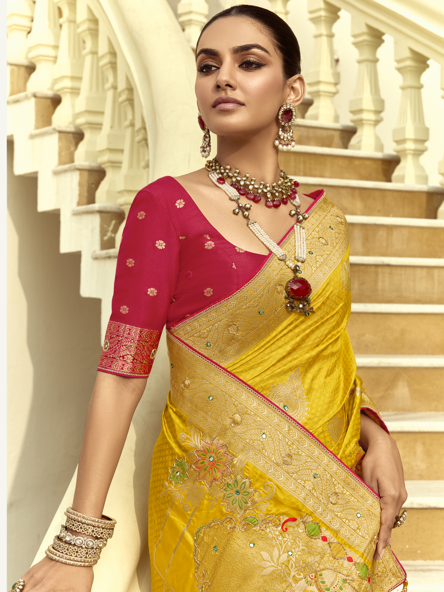 Dhiyona KM Women Golden Yellow Banarasi Silk Saree With Red Contrast Blouse