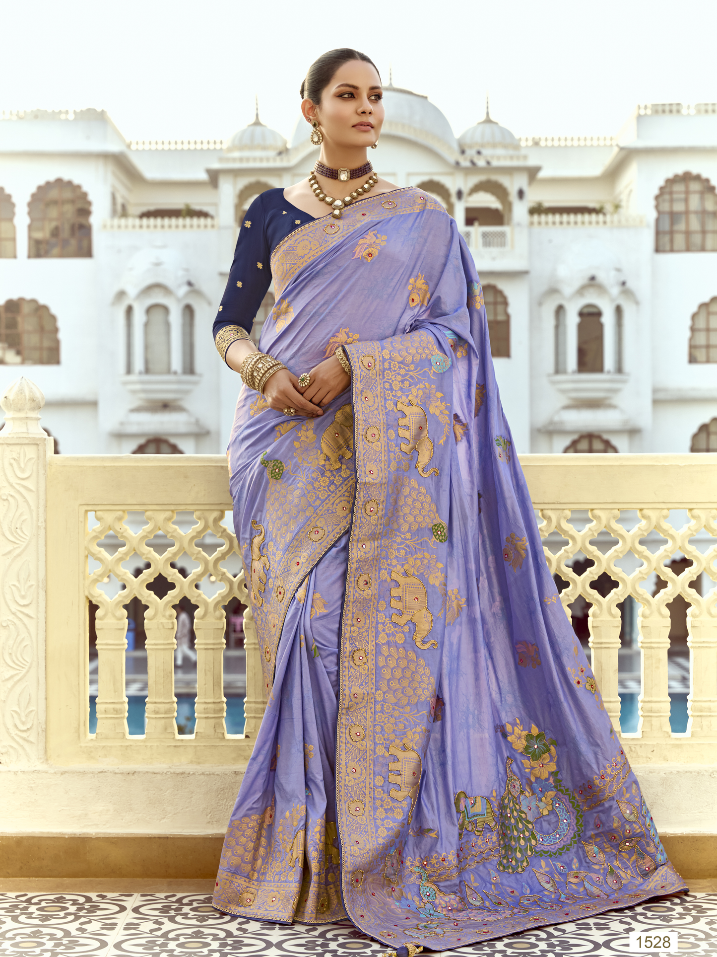 Dhiyona KM Women Lavender Banarasi Silk Saree With Blue Contrast Blouse