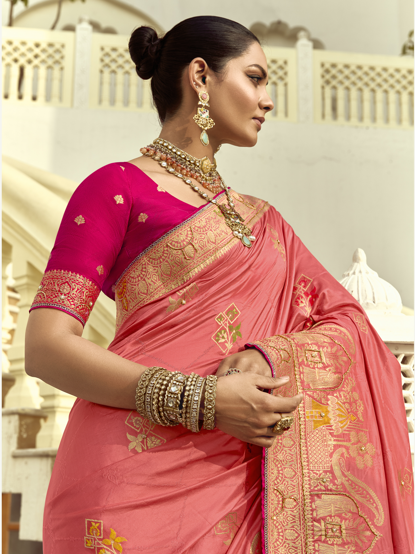 Dhiyona KM Women Peach Pink Banarasi Silk Saree With Contrast Blouse