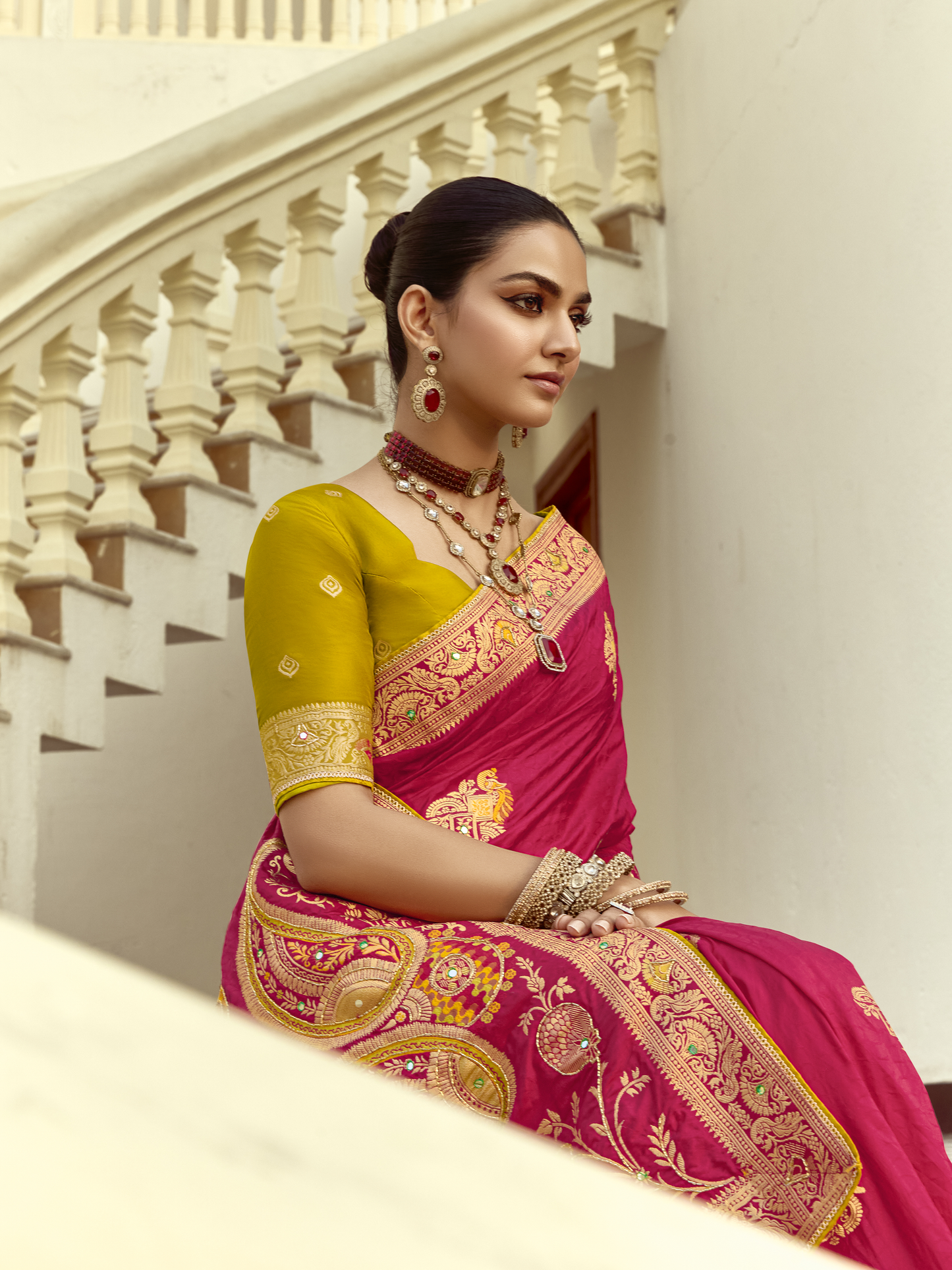 Dhiyona KM Women Red Banarasi Silk Saree With Yellow Blouse & Golden Mirror Work