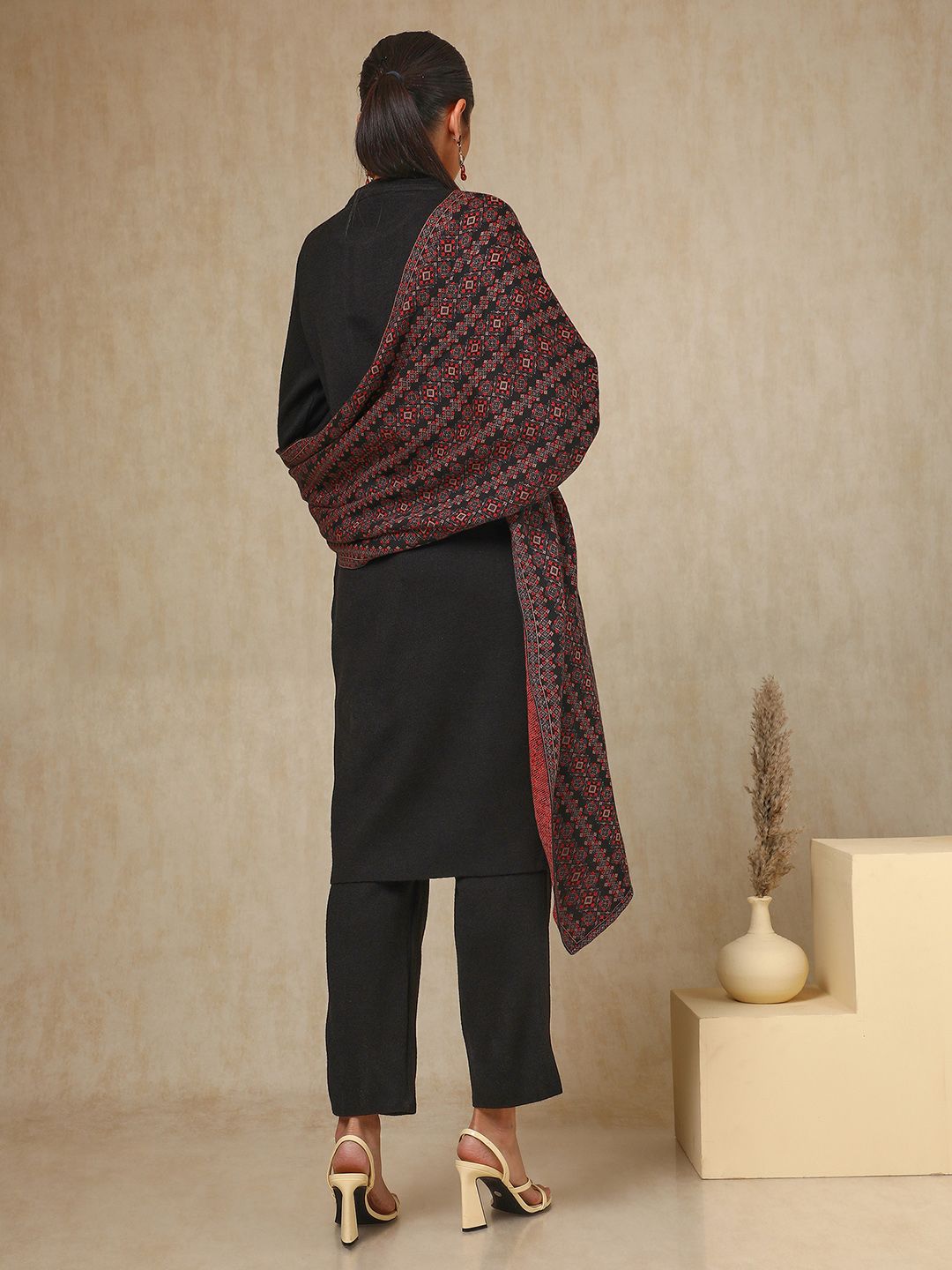 Dhiyona SO Women's Black Geometric Woven Design Acrylic Straight Kurta With Trouser & Dupatta
