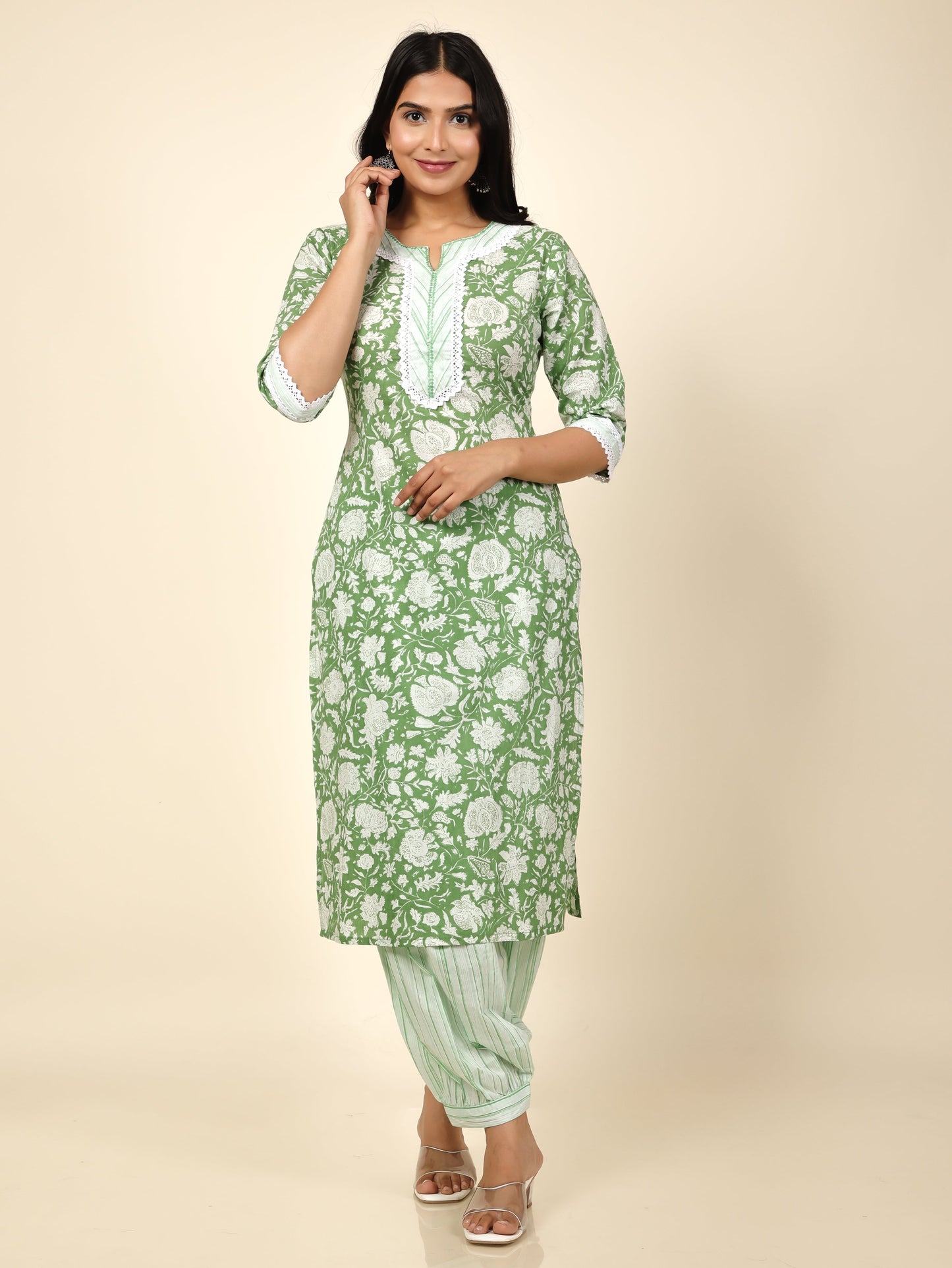 Women's Cotton Green Straight Kurta Set