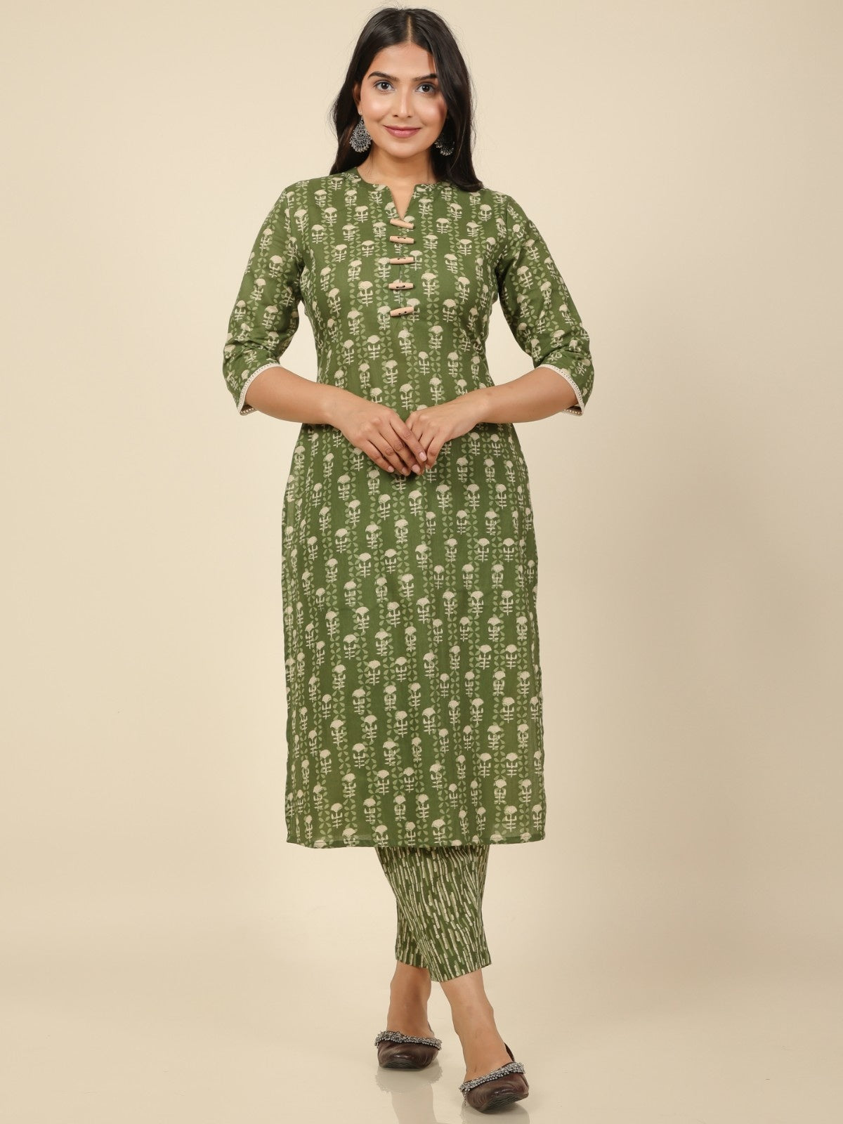 Women's Cotton Green Straight Kurta Set